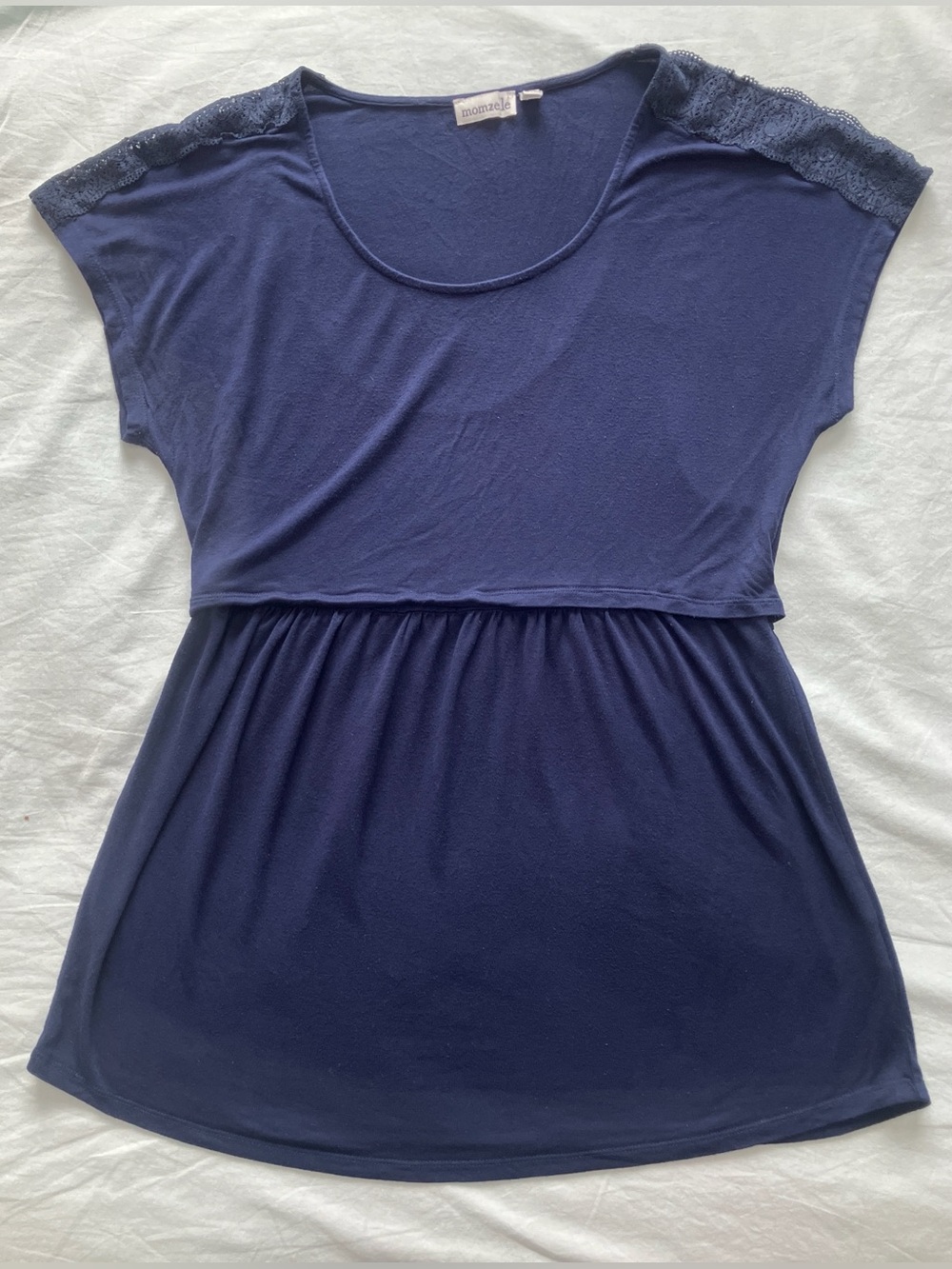 Momzelle Navy Nursing Maternity Top Lace Shoulders Stretch Rayon Knit M